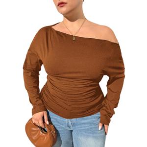 Women's Plus Size Off Shoulder Ruched Tops Long Sleeve Slim Fit Tee Shirts Elegant Basic Top (XX-Large Plus, Brown)