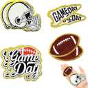 Jongdari 8 Pcs Football Game Day Helmet Patches Chenille Sports Iron On Patches Bulk for Hats Backpacks Clothes, Gameday Rugby Patch for Heat Press with Gold Edges (White, 8 Pcs)