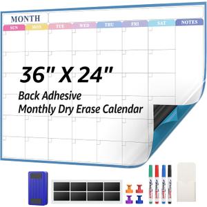 MaxGear Large Dry Erase Calendar for Wall,Self-Adhesive Wall Calendar White Board with 4 Dry Erase Markers, 1 Eraser, 4 Magnets, 1 Marker Holder for Office Home School (Macaron Monthly, 36" x 24")