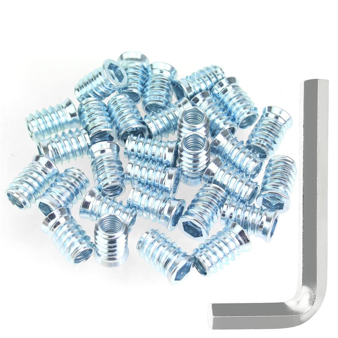 3/8"-16 x 25mm Threaded Inserts, Nut Inserts, Wood Inserts, Blue Zinc Plated Carbon Steel, 3/8-16 Threaded Inserts with Hex Wrench for Wood Furniture Screw, Total 16 Pieces, Blue Color