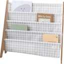 3 Sprouts Recycled Fabric Kids Bookshelf  4-Tier Sling Book Rack Organizer - Nursery Room Playroom Classroom Wooden Book Shelves - Kid Bookcase Wood Storage Shelf for Toddler Age 3+ - Gingham Beige