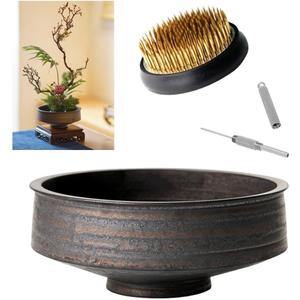 Japanese Ikebana Vase Kit, Flower Shallow Container 7.5inch Ceramics Flower Bowl Ikebana Vase with 2.4inch Floral Frog and 2-in-1 Kenzan Corrector (Retro Style)