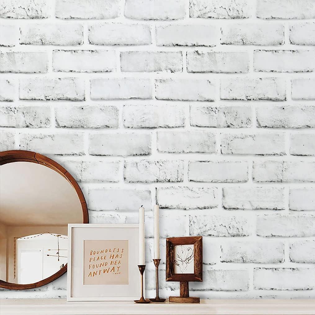 Timeet Brick Wallpaper Peel and Stick Wallpaper 17.7in x 197in White Grey 3D Brick Wallpaper Stick and Peel Wallpaper Self Adhesive Removable Wallpaper for Bedroom Living Room Decoration