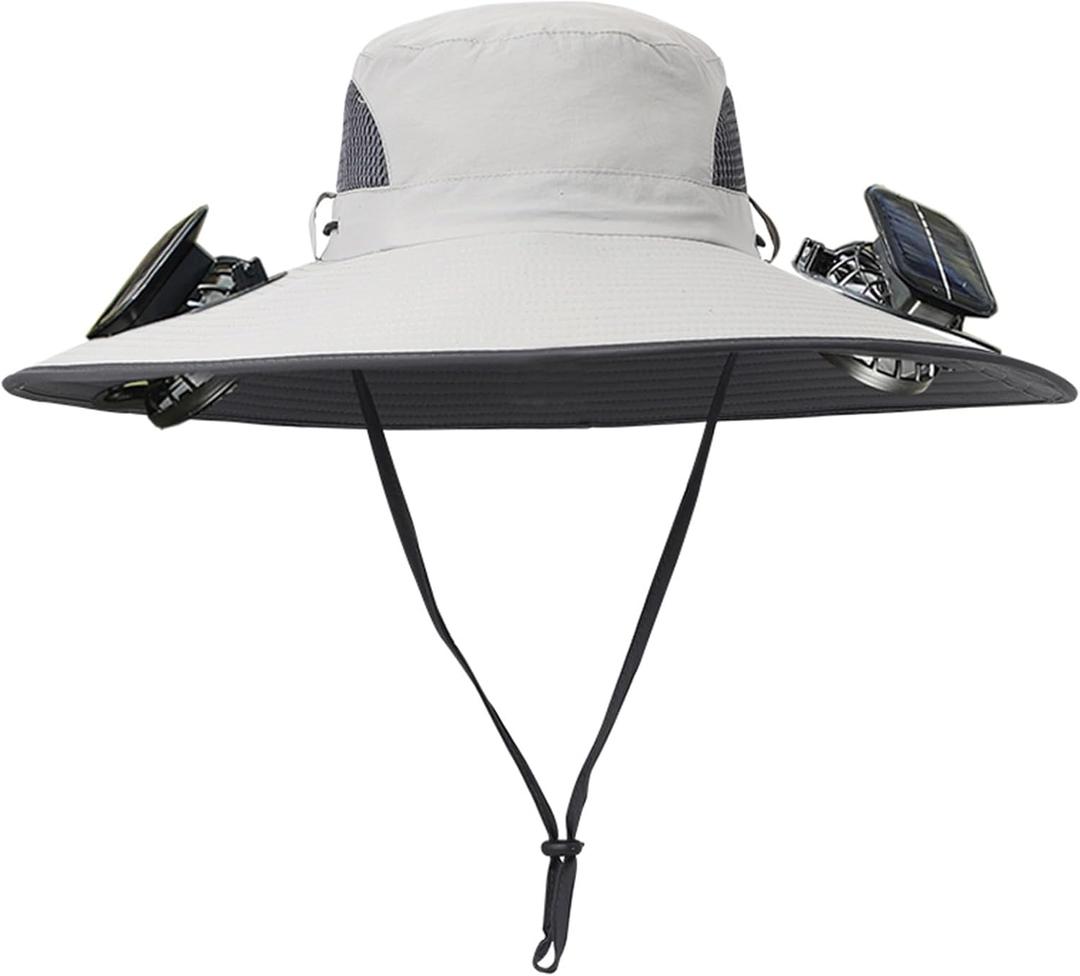 Men Women Wide Brim Sun Hats with 2 Solar Fan Waterproof Breathable Bucket Hat Outdoor Fishing Hat for Hiking Camping (One Size, Solid Light Grey)