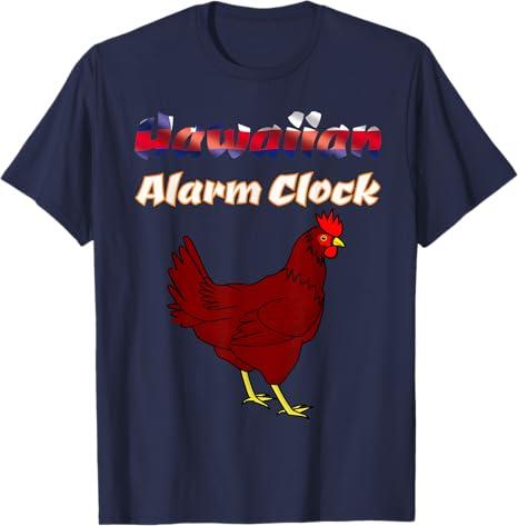 Hawaiian Alarm Clock: Funny Hawaii Chicken Shirt T-Shirt (Blue, M)