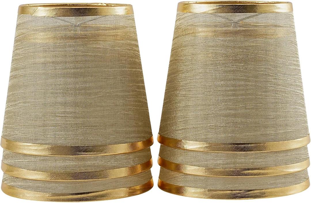 Set of 6 India Gold Crystal Lamp Shades - Mini Bell Chandelier Replacement Set, 4.3" X 5.9" X 5.5", Clip On Covers for Ceiling Lights, Candelabras, Table Lamp Replacement, Champagne Organza