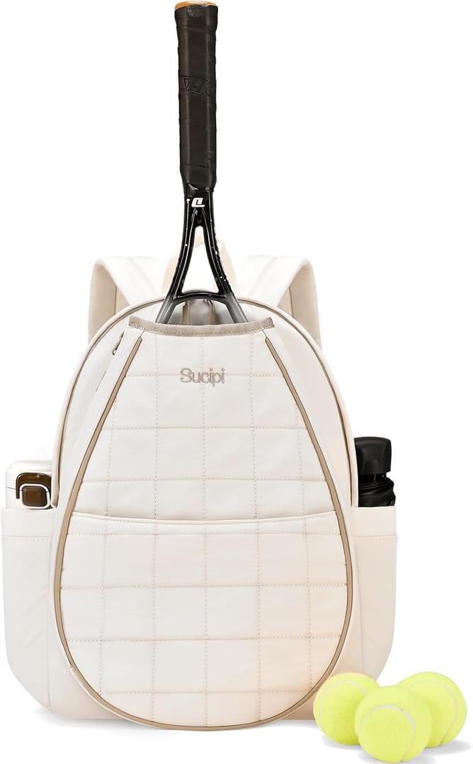 Sucipi Tennis Bags for Women, Quilted Tennis Racket Bag Backpack for Tennis Racquet, Pickleball Paddles, Badminton (Medium, Beige & Brown)