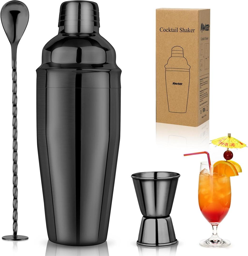 24oz Cocktail Shaker Set Martini Shaker Set Bartender Set with Margarita Mixer Drink Shaker, Measuring Jigger and Mixing Spoon - Professional 18/8 Stainless Steel Bar Tools for Mixed Drinks (Black)