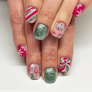 Christmas Snowflake Press on Nails Short Red Green Stripe Fake Nails Square Nails Reusable Christmas Acrylic Nails Full Cover Green Glitter False Nails Christmas Tree Stick on Nails for Women, 24 Pcs