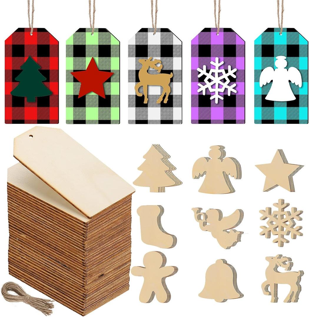 Blulu 90 Pieces Blank Wooden Gift Tags with Holes and Twine, Unfinished Christmas Craft Hanging Ornaments to Paint Slice Wood Tags for Xmas Tree Decorations