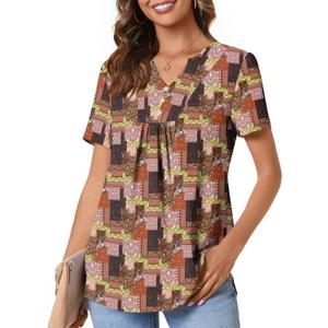 3 x Anydeer Womens Short Sleeve Summer Tunic Tops Dressy Chiffon Blouse Henley Shirts 2025 Casual Pullover (L)