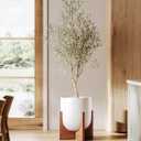 LE TAUCI 10 Inch Plant Pot with Acacia Wood Stand, Ceramic Planters for Indoor Plants, Unique Plant Pots Indoor for Home Decor, Mid-Century Modern Pots for Plants with Drainage Hole and Plug, White