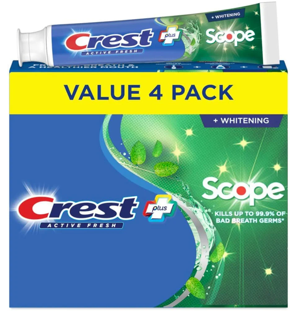Crest Whitening Plus Scope, Complete Active Fresh + Whitening Toothpaste, 5.5oz, Toothpaste Sensitive Teeth, Pack of 4