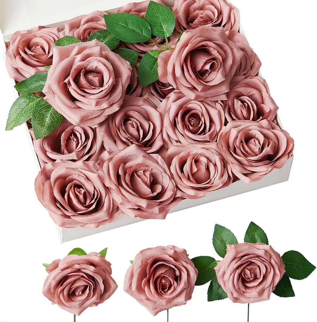 Roses Artificial Flowers Artificial Roses Fake Rose Silk Rose Fake Flowers with Stems for DIY Wedding Bouquets Party Tables Centerpieces Floral Arrangements (16, Dusty Rose)