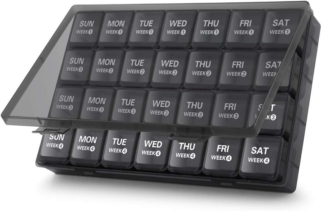 TookMag Monthly Pill Organizer 28 Day Pill Box, Large Medicine Pill Organizer 4 Weeks, One Month Pill Box Pill Case Travel Pill Organizer with Dust-Proof Container for Pills/Vitamin/Supplements (Black)
