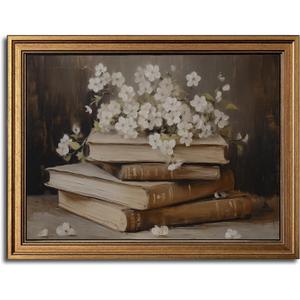 Gold Framed Wall Art Vintage Canvas Wall Art Moody Books and Flowers Dark Academia Decor Artwork Prints Picture for Living Room Bedroom Farmhouse Bathroom Office Decor, 16x24