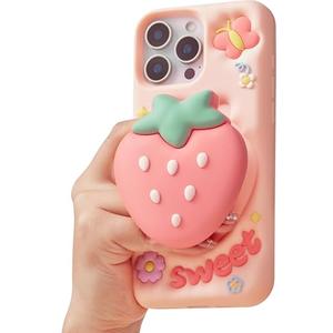 TUFTA Cute 3D Strawberry Pop-Up Stand and Grip Phone Case for iPhone 14 Pro Max, Kawaii Girly Silicone Fruit Cover for Girls and Women, Pink