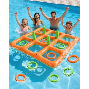 4.9FT Giant Inflatable Tic Tac Toe Pool Game – 2-in-1 Ring Toss Pool Toys for Adults Kids, Floating Summer Pool Party Games for Family, Beach, Backyard (2–10 Players), Extra Large