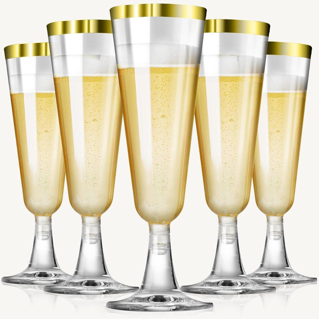 SUREHOME Champagne Flutes Plastic Champagne Glasses Disposable 100 Pack 5 Oz Gold Rim Mimosa Glasses Acrylic Wedding Toasting Cocktail Cups for 2025 Graduation Decorations Birthday Party Supplies