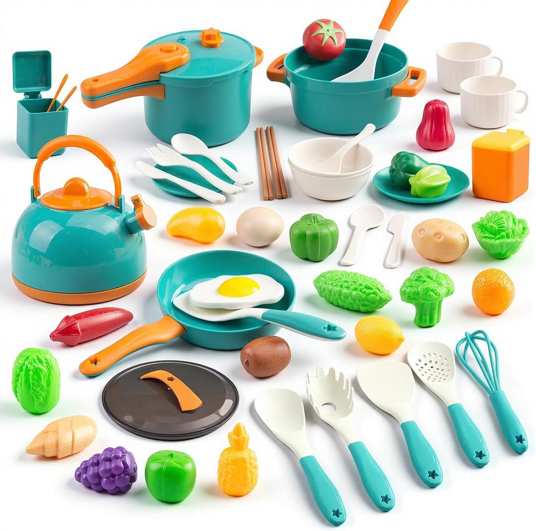 56Pcs Mini Play Kitchen Accessories for Kids, Pretend Cooking Playset with Cookware, Tableware & 2 Fruit Sets, Learning Gift for Girls, Boys, Toddlers, Green