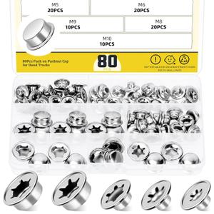 80Pcs Push on Pushnut Cap Stud 1/2", 1/4", 5/16", 3/8", 2/5" Axle Pushnut Caps Axle Cap Nut with Mechanical Zinc Plating, Permanent Washer Caps for Hand Trucks, Lawn Wagons, Rolling Bins
