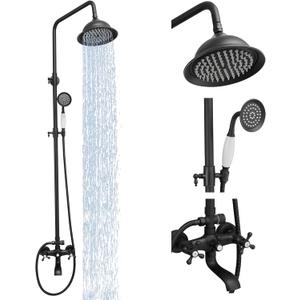 Outdoor Shower Faucet Set, Exposed Shower System 3 Function,Rainfall Shower Head,Adjustable Hand Held Shower Head and Tub Spout, Double Knobs Cross Handle Shower, Wall Mounted, Matte Black