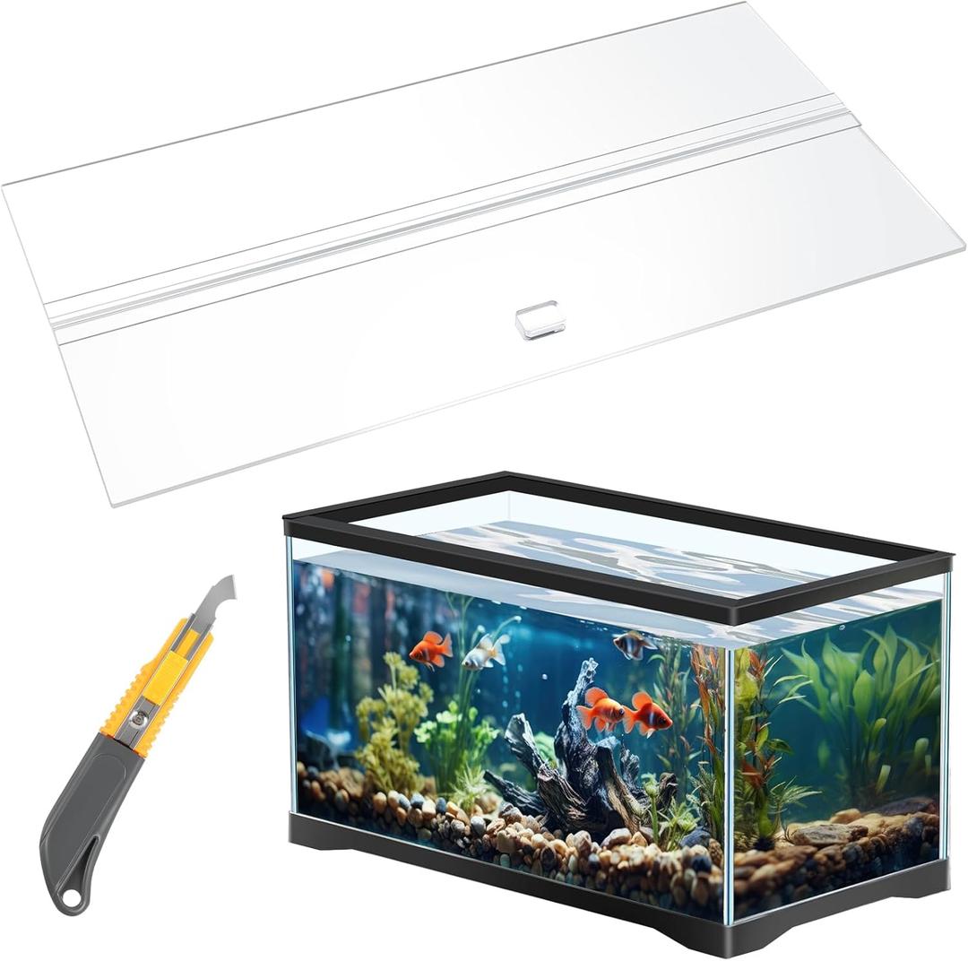 Juexica Aquarium Acrylic Canopy Set 19.37 x 9.37 x 0.28 Inch for 10/20 Gallon Without Center Brace Aquariums Cover Fish Tank Lid with a Hook Knife, Clear