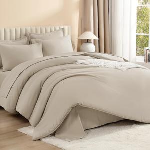 Litanika Super King Comforter Set Oatmeal - 7 Pieces Bed in a Bag Oversized King Bedding Comforter Sets, Solid Lightweight Bed Set with Comforter, Sheets, Pillowcases & Shams