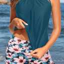 Yonique Tankini Swimsuits with Shorts - Tummy Control Two Piece Blouson Bathing Suits High Neck Swimwear (Blue, XL)