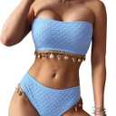 ZAFUL Women Strapless Bandeau Bikini Shell 2 Piece Swimwear Cheeky Solid Lace up Pom Bathing Suits (X-Large)