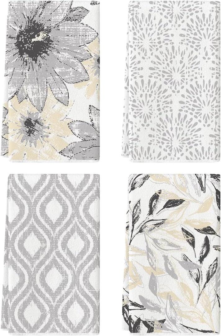Artoid Mode Silver Floral Leaves Boho Kitchen Towels Dish Towels, 18x26 Inch Seasonal Decoration Hand Towels Set of 4