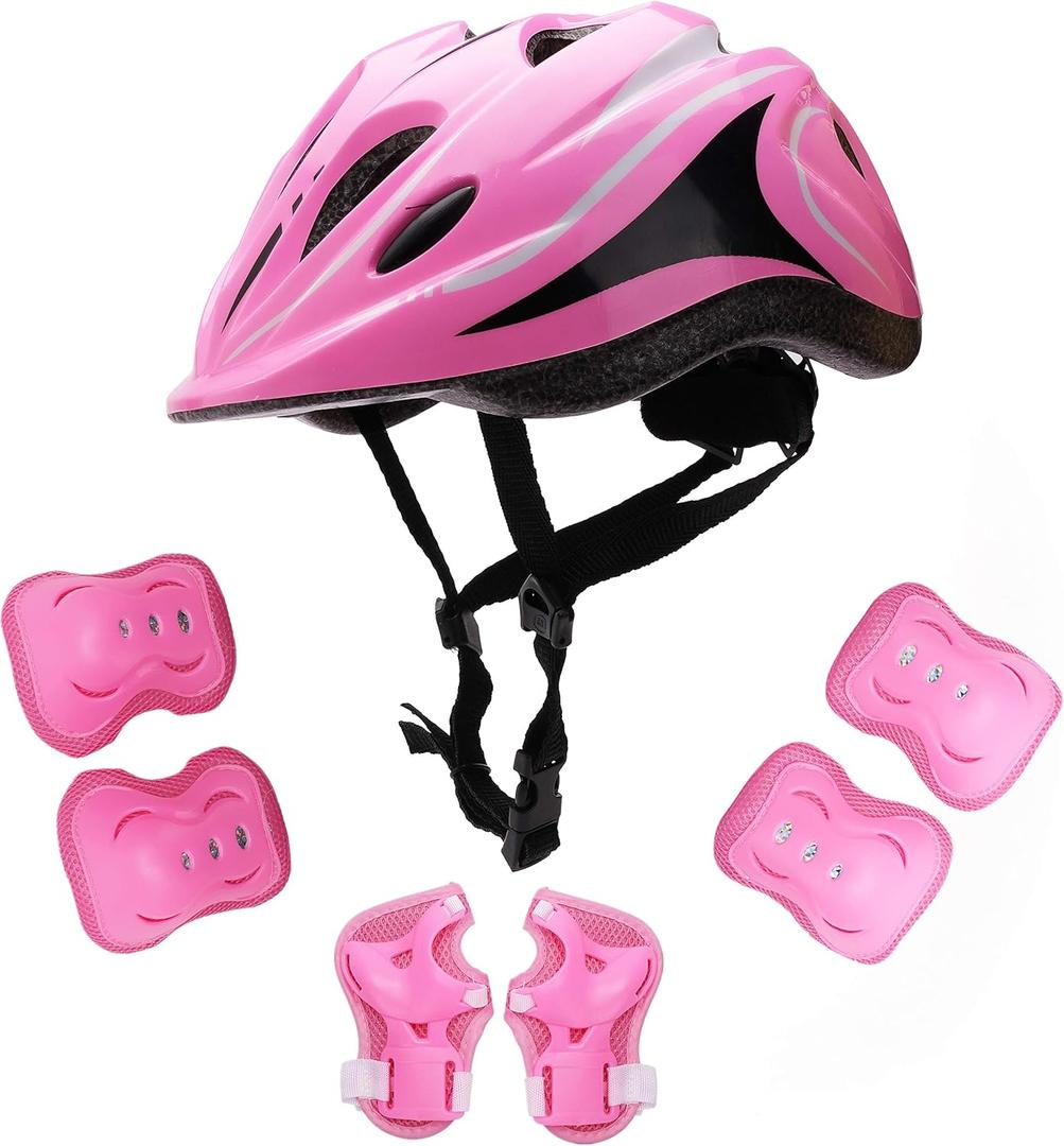 Kids Helmet Knee Elbow Pads Wrist Guard Sport Protective Gear Adjustable Bike Safety Set for Boy Girl 5-12 Years(Pink)