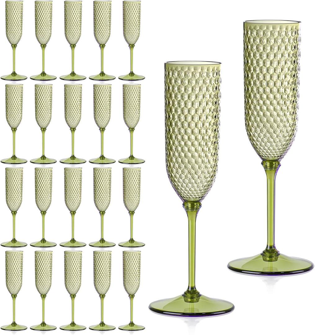 24 Pack Green Detachable 2 piece Champagne Flutes 5.5 Oz Unbreakable Plastic Mimosa Disposable Champagne Glasses Drinking Cups Stemmed Reusable Wine Toasting Glasses for Wedding (24, Olive Green)
