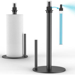 Paper Towel Holder with Spray Bottle, Countertop Paper Towels Dispenser Stand with Sprayer Inside Center, Stainless Steel Paper Towel Holder Stand with Base for Kitchen, Bars, Dining Tables - Black