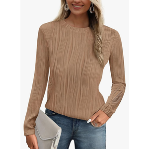 Long Sleeve Tops for Women Spring Fall Trendy Business Dressy Casual Shirts Crewneck Textured Blouse Clothes, XL