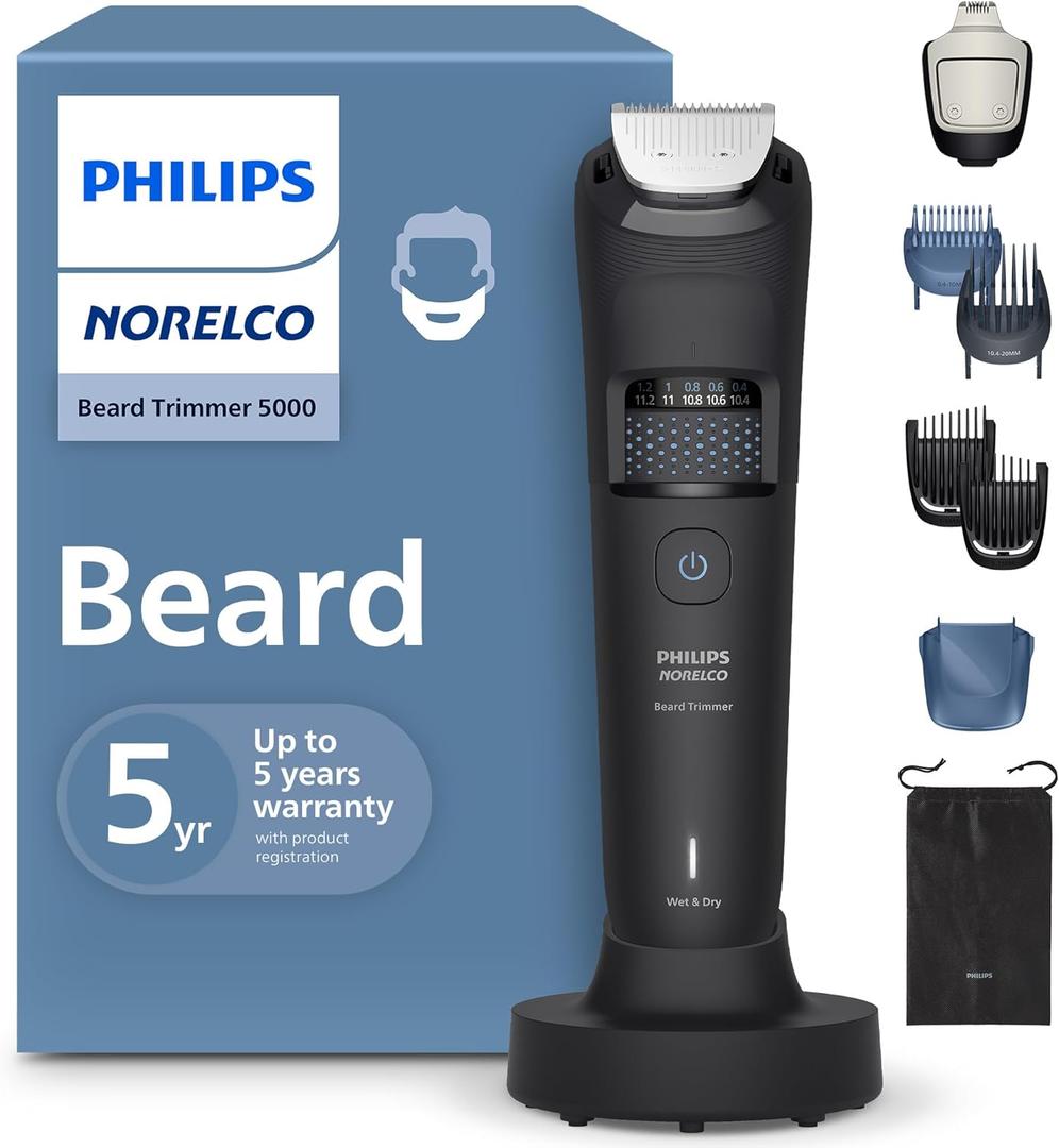 Norelco Philips Beard Trimmer 5000 Series, Men's Face Trimmer, 100% Waterproof BeardSense Tech, Precision Trimmer with Fading Combs, Self-Sharpening Blades, Hair Collector & Charging Stand, BT5785/40 (Black)