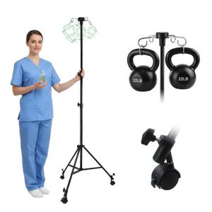 IV Pole with Wheels, Adjustable Height 36 to 77 inch, with Storage Bag | 4 Hooks & 3 Hanging Mesh Covers, Stainless Steel, Lockable Detachable Casters, Tripod Base, Folds for Hospital, Home & Travel