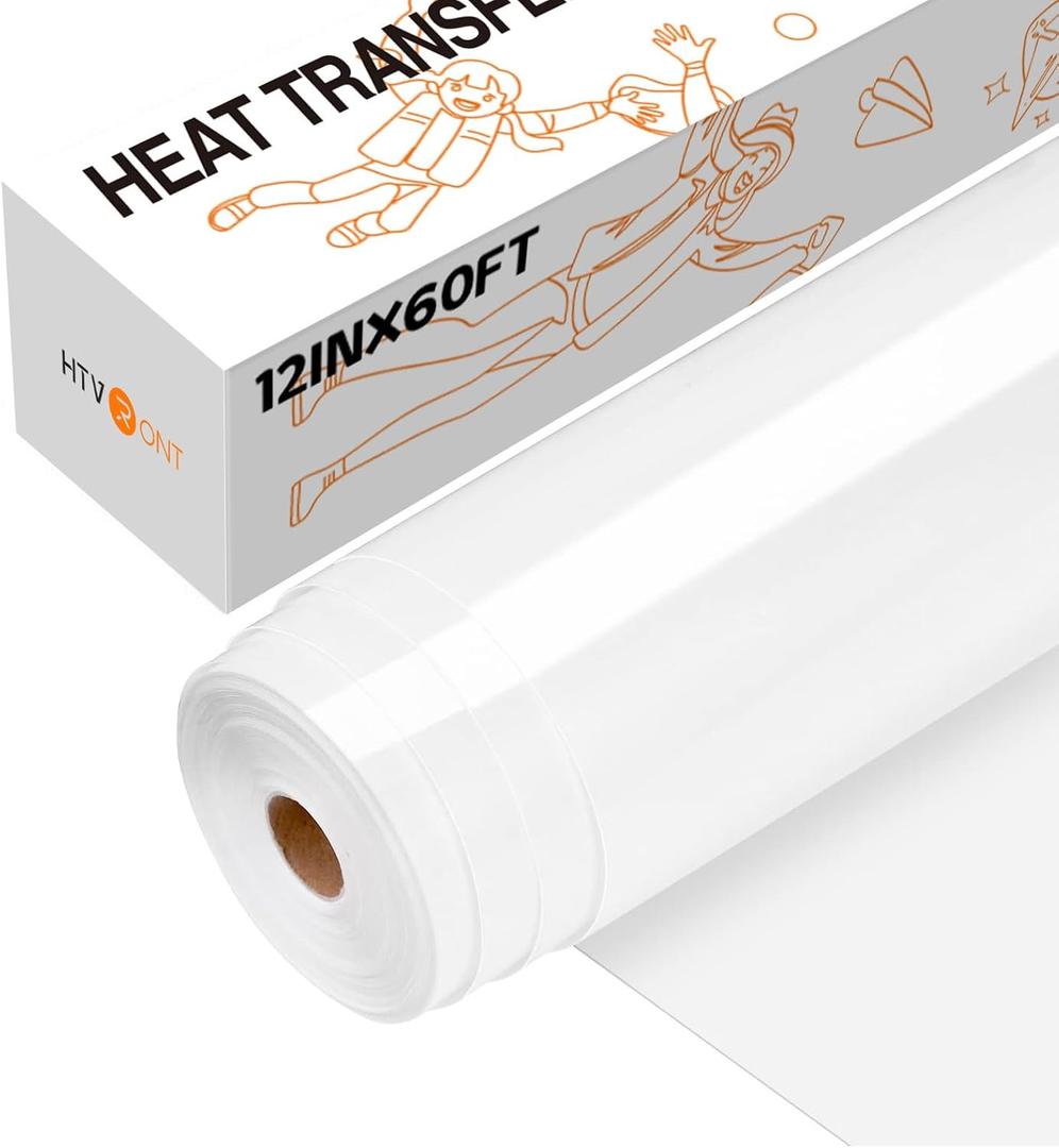 HTVRONT Heat Transfer Vinyl White Iron on Vinyl-12 x 60FT White HTV Vinyl Roll Easy to Cut & Weed for Heat Vinyl Design