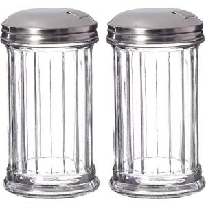 2 Pack Salt Sugar Shaker dispenser - Powder Sugar Dispenser Canisters - Small glass Sugar Container with lid - Spice, Cinnamon, Baking Soda, Pourer Jar holder for Coffee Bar Countertop