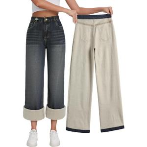 EMMIOL Jeans for Women Wide Leg Baggy Jeans Y2K Casual Loose Boyfriends Trousers Vintage Streetwear (Medium, Blue-(warm Fleece Lined))