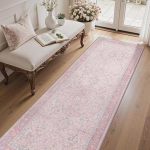 Bavni 2'6''x12 Runner Rug for Hallway Kitchen Non Slip Washable Pink Runner for Bathroom Laundry Room Entryway Bedroom Soft Boho Floral Carpet Low Pile ThinLight Pink and Blue