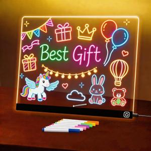 LED Note Board with Colors, 11.8"X9.4" Led Drawing Board Acrylic Dry Erase Board with Light 7 Colors Message Writing Board Night Light with 7 Markers for Home/Office/Christmas Decor