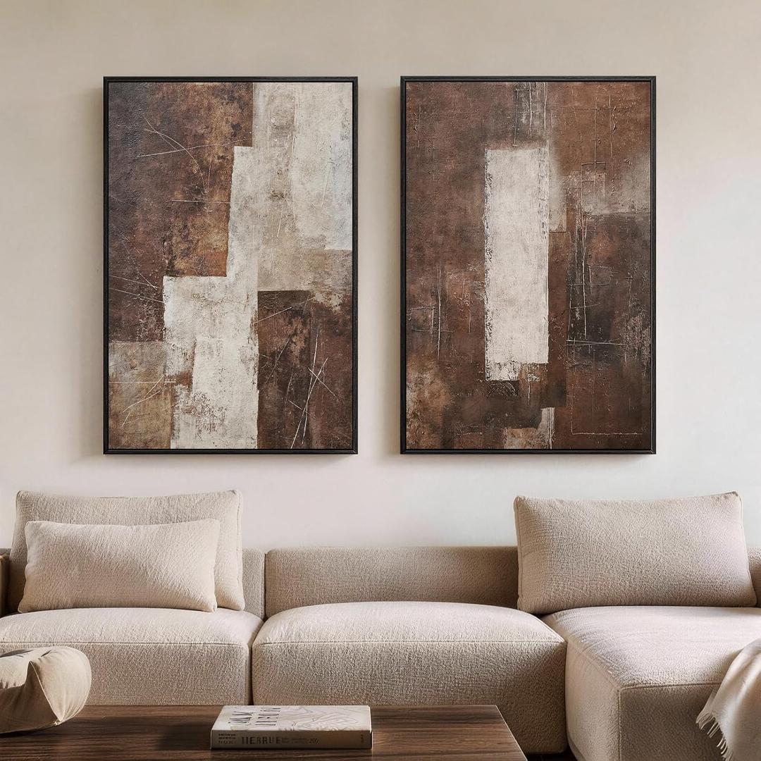 Framed Modern Brown Abstract 2 Piece Wall Art for living room, 24x36 Inch, 24" W x 36" H x 2Pcs