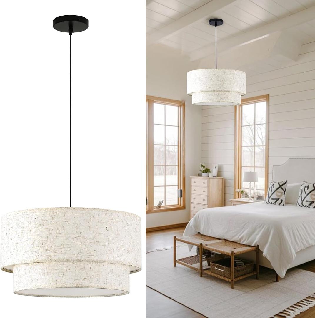 Linen Drum Pendant Light, 18 Double Drum Light Fixture with Modern Fabric Lampshade, 3-Light Linen Chandeliers for Dining Room, Bedroom, Hardwired