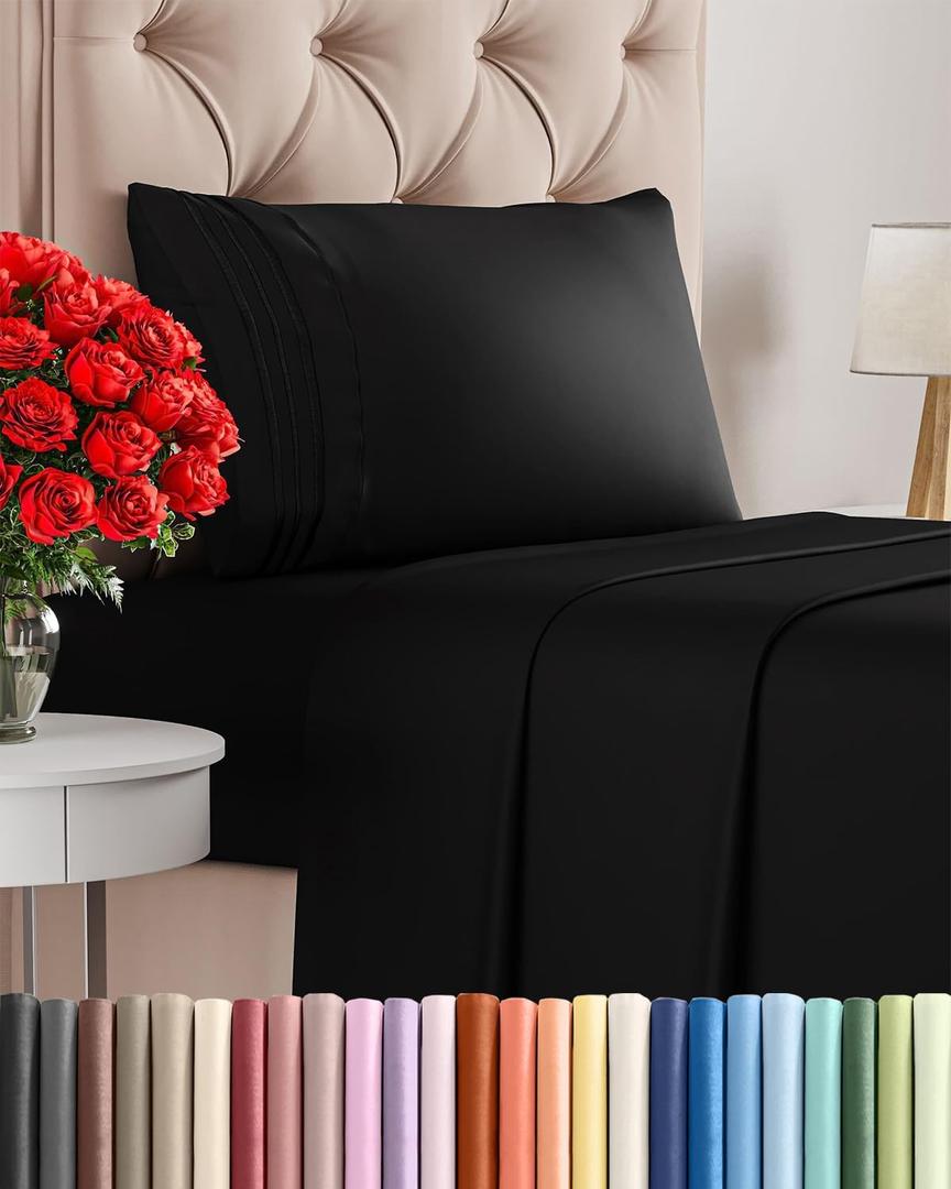Twin Size 3 Piece Sheet Set - Comfy Breathable & Cooling Sheets - Hotel Luxury Bed Sheets for Women & Men - Deep Pockets, Easy-Fit, Extra Soft and Wrinkle Free Sheets - Black Oeko-Tex Bed Sheet Set