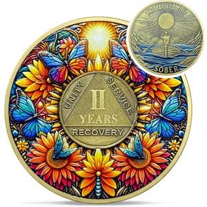 Delicate Sunflower 2 Year Sobriety Coin - Two Year Recovery Butterfly AA Coins - One Day at A Time NA HA AA Chips and Medallions - 1-40 Years Living Clean Alcoholics Anonymous Gifts for Men Women