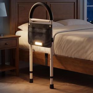 HOMENURSE Bed Rails for Elderly Adults Safety, ASTM Approved Height Adjustable Bed Cane 350 lbs, Bed Rails for Seniors with Light & Storage Pocket, Tool-Free Bed Side Rails Fits King Queen Full Twin