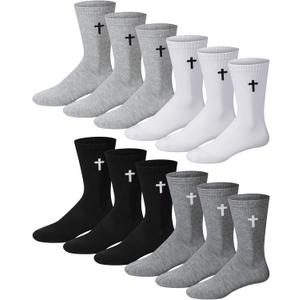 Shihanee 12 Pairs Cross Socks for Men Religious Christian Pastor Elastic Crew Socks Christian Gifts for Men (Black, White)