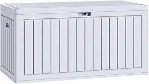 90 Gallon Lockable Resin Deck Box with Wheels, Waterproof & UV-Resistant Outdoor Storage Box for Outdoor Cushion Storage, Garden Tools & Pool Accessories Storage, White Size 129x7.5x77 CM