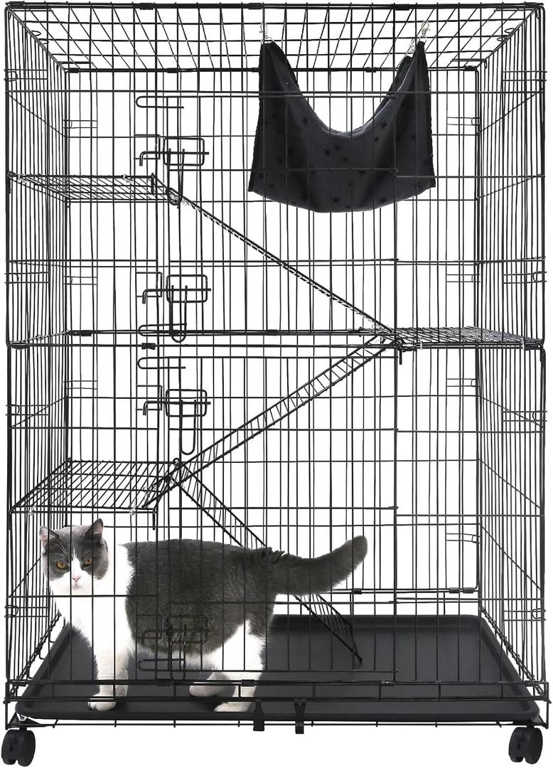 Homey Pet 50 Inch Cat Cages Indoor, Large 4-Tier Cat Crates for Indoor Cats, Collapsible Metal Wire Cat Kennel Big Multi-Level Cat Cage for Adult Cats Kitten Kitty with Hammock, Ramp, 360 Wheels